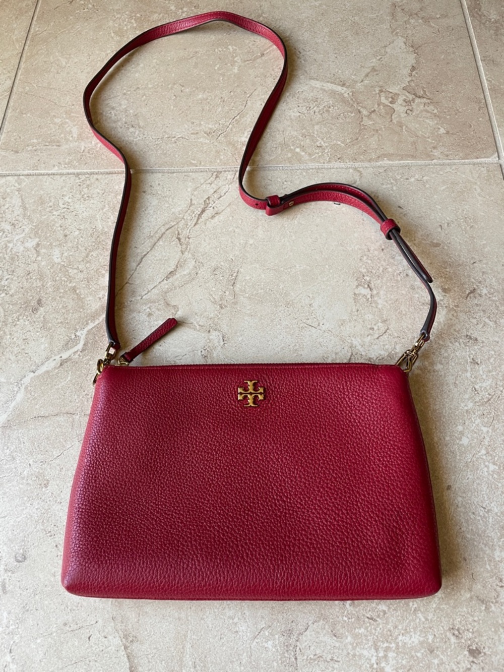 Tory Burch Cherry Red Pebbled Leather Crossbody with Gold Logo